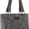 imageWrangler Distressed Tote Bag for Women Western Purse Multi Pockets Handbags and Shoulder BagBraidedfrost Grey