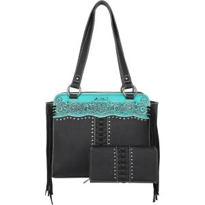 imageMontana West Western Tooled Collection Tote Bag for Women Vegan Leather Shoulder Handbag with Fringe MW1155G8250BKW