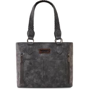 imageWrangler Distressed Tote Bag for Women Western Purse Multi Pockets Handbags and Shoulder BagBraidedfrost Grey
