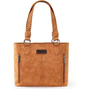 imageWrangler Distressed Tote Bag for Women Western Purse Multi Pockets Handbags and Shoulder BagBraidedindian Tan