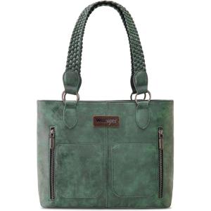 imageWrangler Distressed Tote Bag for Women Western Purse Multi Pockets Handbags and Shoulder BagBraidedolive Green