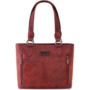 imageWrangler Distressed Tote Bag for Women Western Purse Multi Pockets Handbags and Shoulder BagBraidedrusty Red