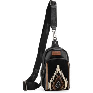 imageWrangler Aztec Sling Bag for Women Western Knitted Crossbody Purse and Chest Bag With Adjustable StrapAztec Black