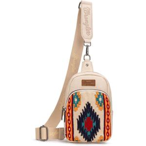 imageWrangler Aztec Sling Bag for Women Western Knitted Crossbody Purse and Chest Bag With Adjustable StrapBbeige