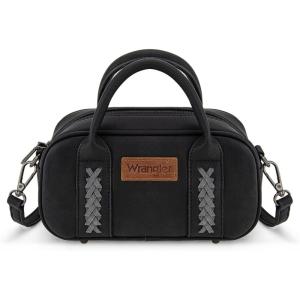 imageWrangler Barrel Bag Retro Small Top Handle Bags with Crossbody Strap Boston Satchel Purse and Handbag WomenBlack
