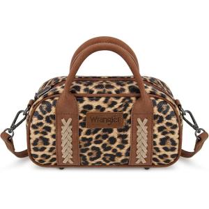 imageWrangler Barrel Bag Retro Small Top Handle Bags with Crossbody Strap Boston Satchel Purse and Handbag WomenLeopard Print Light Pink