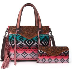 imageMontana West Western Tote Bag for Women Tooled Shoulder Purse with Wallet 2Pcs SetHot Pink