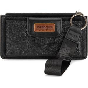 imageMontana West X Wrangler Womens Wallet Western Tooling Bifold Wallets Ladies RFID Blocking Wristlet Wallet with Zipper PocketBlack