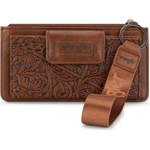 imageMontana West X Wrangler Womens Wallet Western Tooling Bifold Wallets Ladies RFID Blocking Wristlet Wallet with Zipper PocketBrown