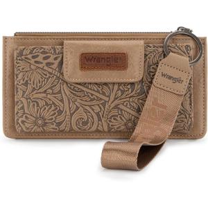 imageMontana West X Wrangler Womens Wallet Western Tooling Bifold Wallets Ladies RFID Blocking Wristlet Wallet with Zipper PocketKhaki
