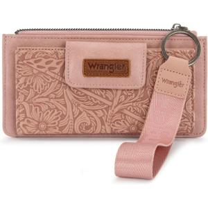 imageMontana West X Wrangler Womens Wallet Western Tooling Bifold Wallets Ladies RFID Blocking Wristlet Wallet with Zipper PocketPink