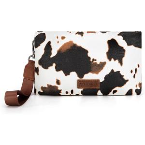imageWrangler Wristlet Wallet RFID Blocking Bifold Clutch Purse Women Credit Card Holder Cow Print with Crossbody StrapAcow Brown