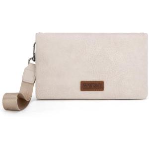 imageWrangler Wristlet Wallet RFID Blocking Bifold Clutch Purse Women Credit Card Holder Cow Print with Crossbody StrapBbeige