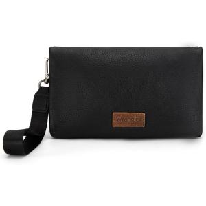 imageWrangler Wristlet Wallet RFID Blocking Bifold Clutch Purse Women Credit Card Holder Cow Print with Crossbody StrapBblack