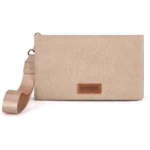 imageWrangler Wristlet Wallet RFID Blocking Bifold Clutch Purse Women Credit Card Holder Cow Print with Crossbody StrapBkhaki