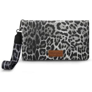 imageWrangler Wristlet Wallet RFID Blocking Bifold Clutch Purse Women Credit Card Holder Cow Print with Crossbody StrapBleopard Black