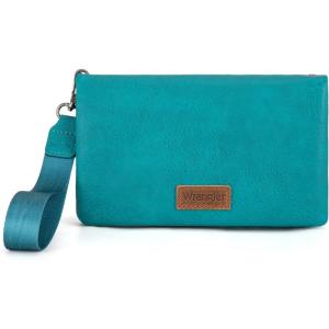 imageWrangler Wristlet Wallet RFID Blocking Bifold Clutch Purse Women Credit Card Holder Cow Print with Crossbody StrapBturquoise