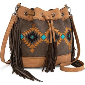 imageMontana West Aztec Bucket Bags for Women Western Fringe Crossbody Bag Ladies Vintage Drawstring Bucket BagCoffee
