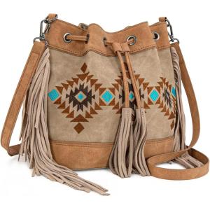 imageMontana West Aztec Bucket Bags for Women Western Fringe Crossbody Bag Ladies Vintage Drawstring Bucket BagTan