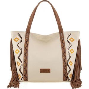 imageWrangler Fringe Large Tote Bag for Women Soft Vegan Leather Purses and HandbagsBeige