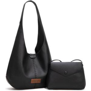 imageWrangler Hobo Bag Purse for Women 2PCS Set Slouchy Shoulder Handbags with Small Crossbody BagBlack