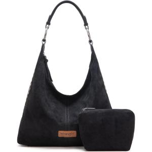 imageWrangler Suede Hobo Purse for Women Embossed Soft Slouchy Shoulder Bag 2Pcs SetDropblack