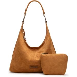 imageWrangler Suede Hobo Purse for Women Embossed Soft Slouchy Shoulder Bag 2Pcs SetDropbrown