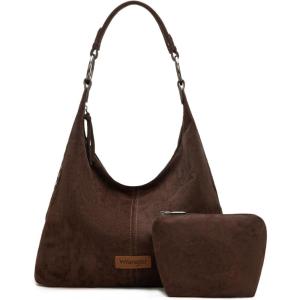 imageWrangler Suede Hobo Purse for Women Embossed Soft Slouchy Shoulder Bag 2Pcs SetDropcoffee
