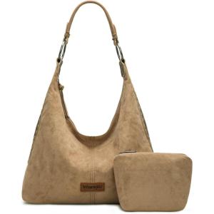 imageWrangler Suede Hobo Purse for Women Embossed Soft Slouchy Shoulder Bag 2Pcs SetDropkhaki