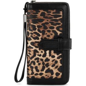 imageX Wrangler Womens Wallets Bifold Wristlet Wallets for Women Large Capacity Credit Card Cash Wallet with ID WindowLeopard Black