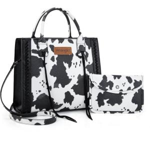 imageWrangler Tote Bag for Women Western Cowhide Purse and Wallet SetCow Print  Black