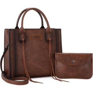 imageWrangler Tote Bag for Women Western Cowhide Purse and Wallet SetVintage Dark Brown