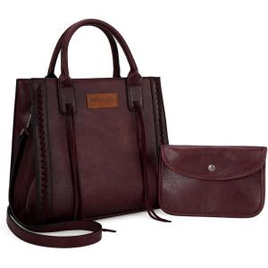 imageWrangler Tote Bag for Women Western Cowhide Purse and Wallet SetVintage Plum Wine Red