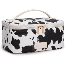 imageMontana West X Wrangler Travel Makeup Bag 2pcs Set Large Cosmetic Bag with Makeup Brush Holder Portable Make Up Organizer Cute Toiletry Bag with Divider and Handle for Women GradientCowBlack