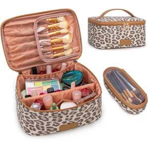 imageMontana West X Wrangler Travel Makeup Bag 2pcs Set Large Cosmetic Bag with Makeup Brush Holder Portable Make Up Organizer Cute Toiletry Bag with Divider and Handle for Women GradientLeopardKhaki