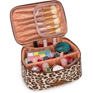 imageMontana West X Wrangler Travel Makeup Bag 2pcs Set Large Cosmetic Bag with Makeup Brush Holder Portable Make Up Organizer Cute Toiletry Bag with Divider and Handle for Women GradientLeopard