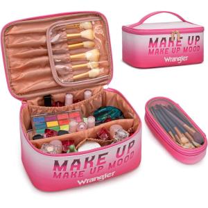 imageMontana West X Wrangler Travel Makeup Bag 2pcs Set Large Cosmetic Bag with Makeup Brush Holder Portable Make Up Organizer Cute Toiletry Bag with Divider and Handle for Women GradientBeigePink