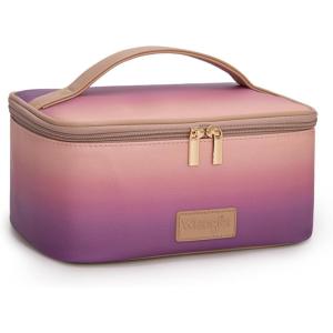 imageMontana West X Wrangler Travel Makeup Bag 2pcs Set Large Cosmetic Bag with Makeup Brush Holder Portable Make Up Organizer Cute Toiletry Bag with Divider and Handle for Women GradientPurple