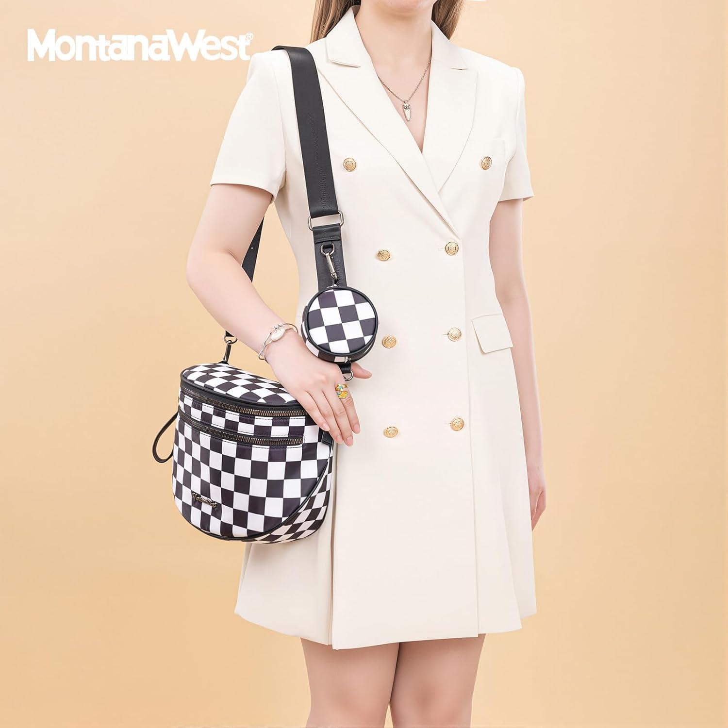 imageMontana West Large Bum Bag Nylon Crossbody Bags Mom Purse with with Coin PursePrintedcheckered Black
