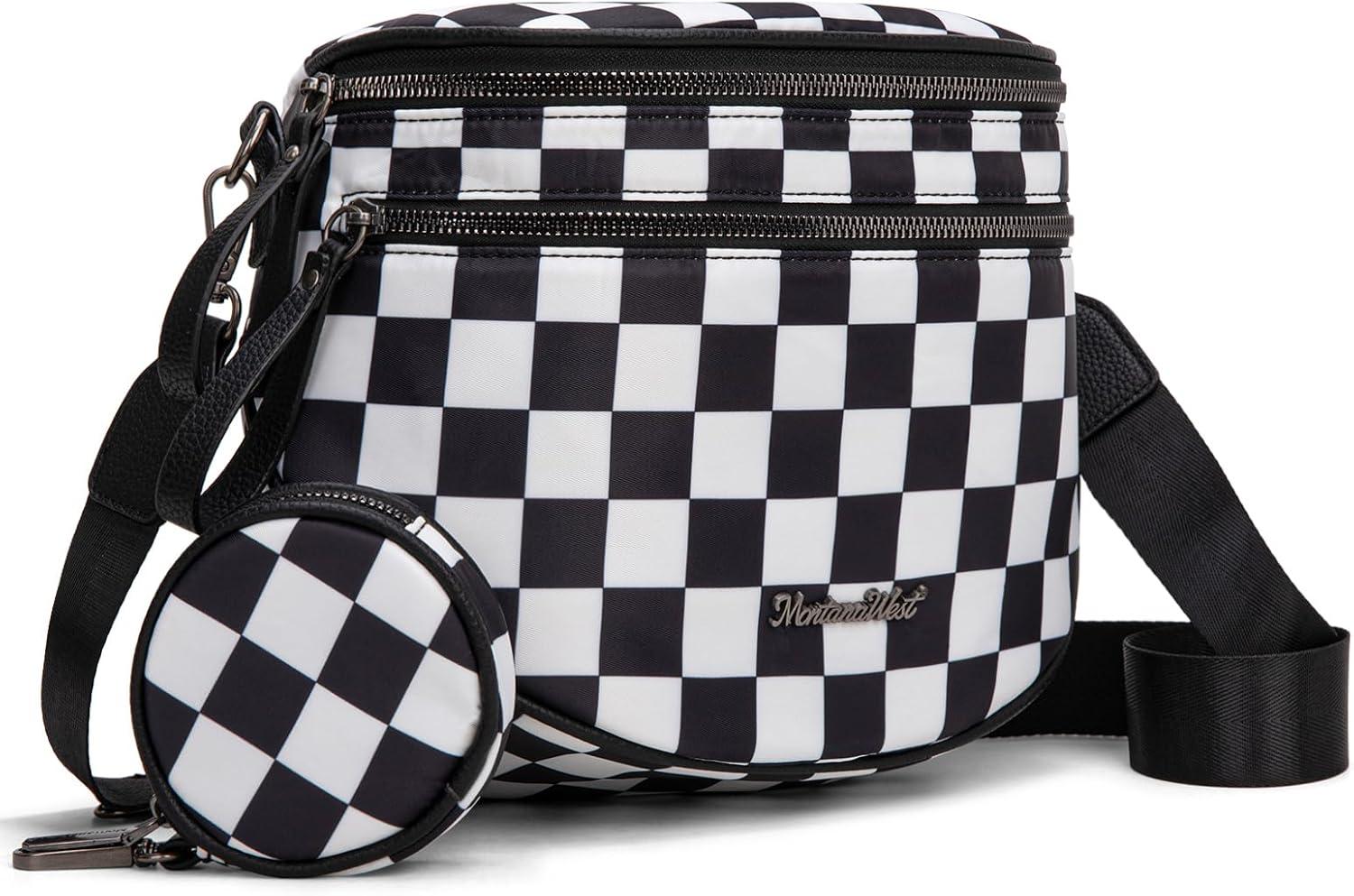 imageMontana West Large Bum Bag Nylon Crossbody Bags Mom Purse with with Coin PursePrintedcheckered Black
