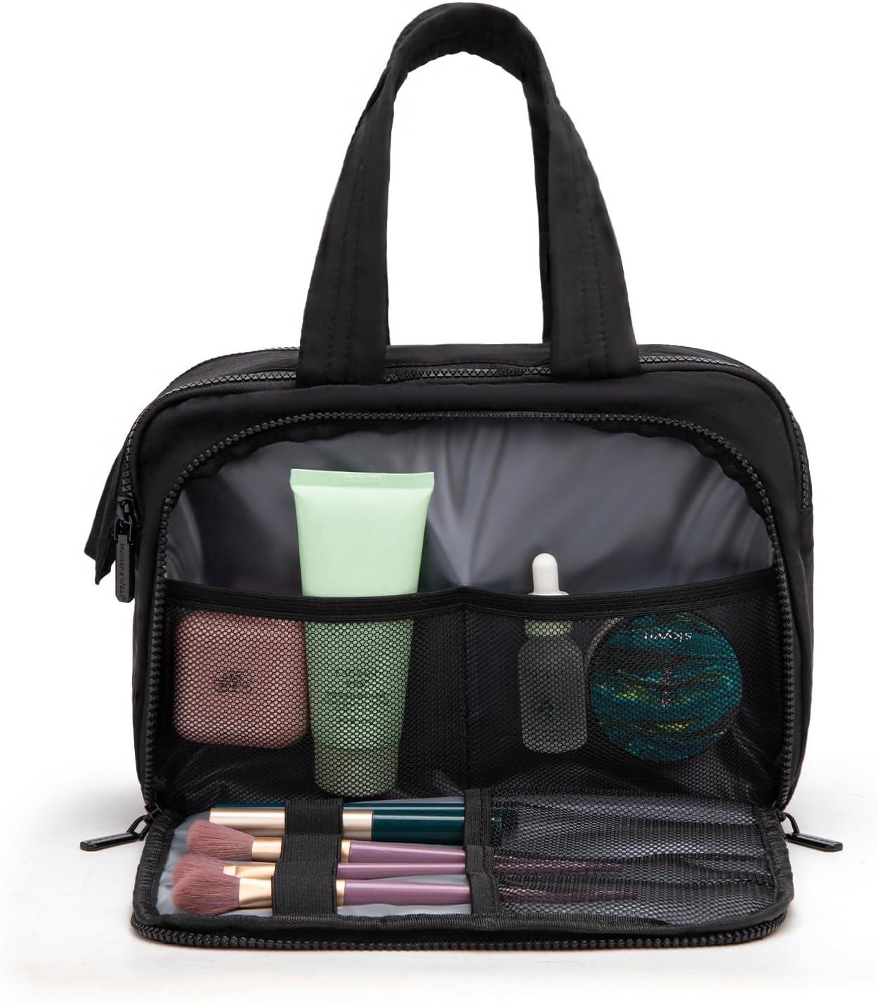 imageMontana West Travel Toiletry Bag Large Capacity Travel Bags Soft Makeup Organizer Lightweight Puffy Cosmetic Bag with Waterproof CompartmentBlack