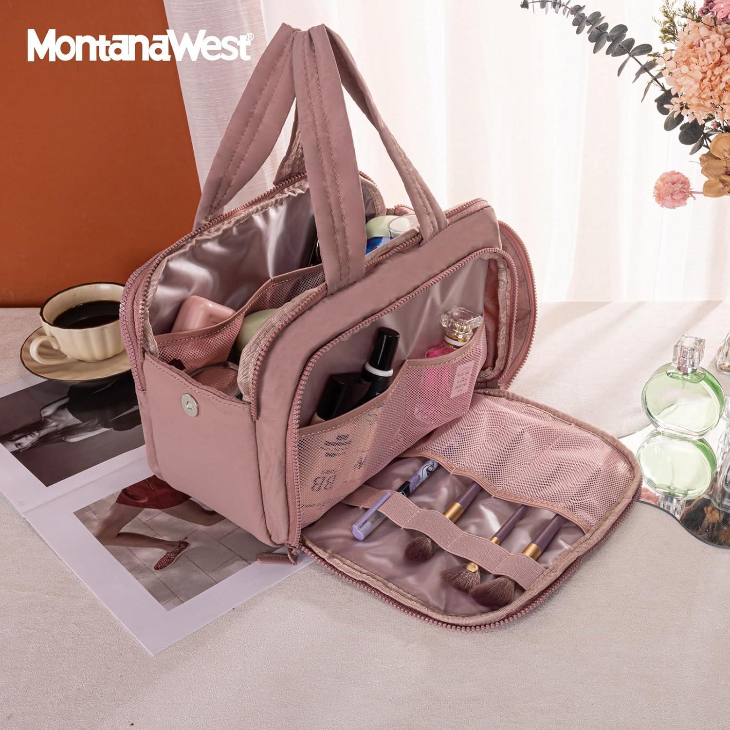 imageMontana West Travel Toiletry Bag Large Capacity Travel Bags Soft Makeup Organizer Lightweight Puffy Cosmetic Bag with Waterproof CompartmentDark Pink