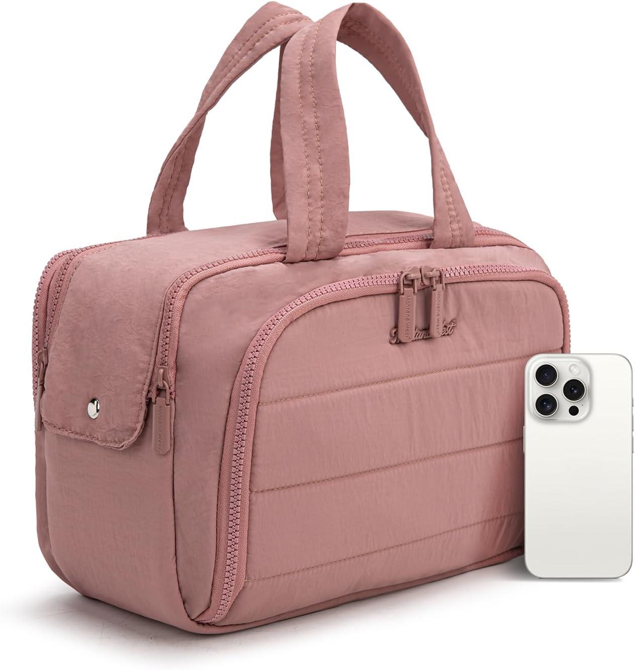 imageMontana West Travel Toiletry Bag Large Capacity Travel Bags Soft Makeup Organizer Lightweight Puffy Cosmetic Bag with Waterproof CompartmentDark Pink