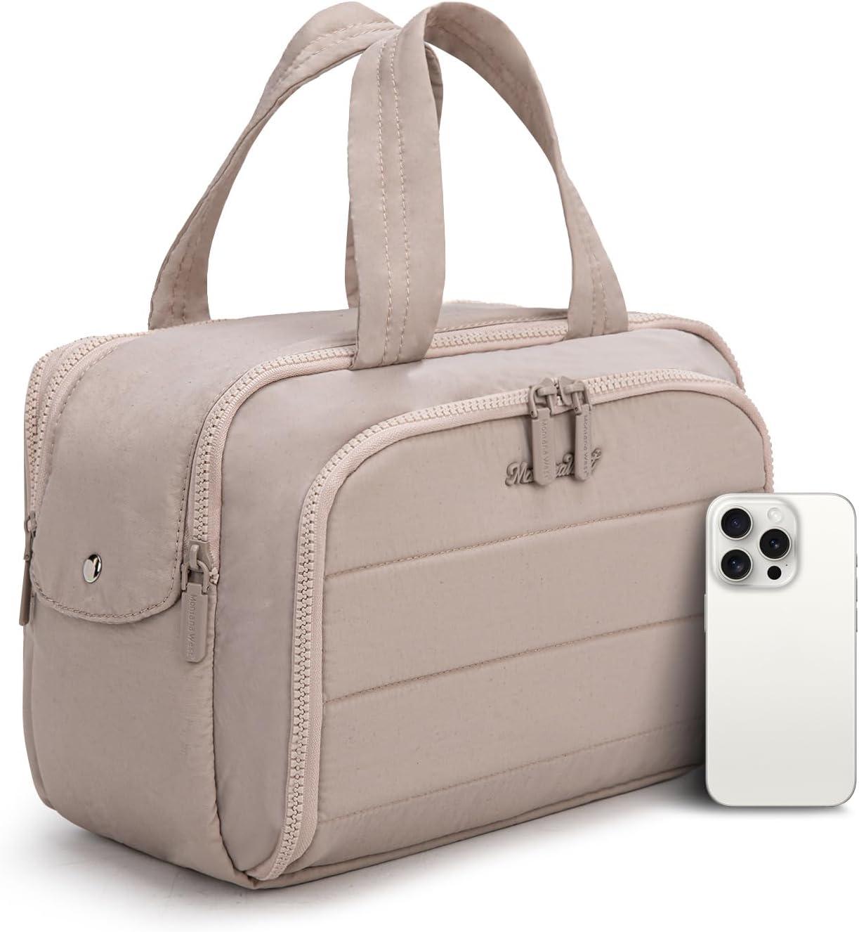 imageMontana West Travel Toiletry Bag Large Capacity Travel Bags Soft Makeup Organizer Lightweight Puffy Cosmetic Bag with Waterproof CompartmentKhaki