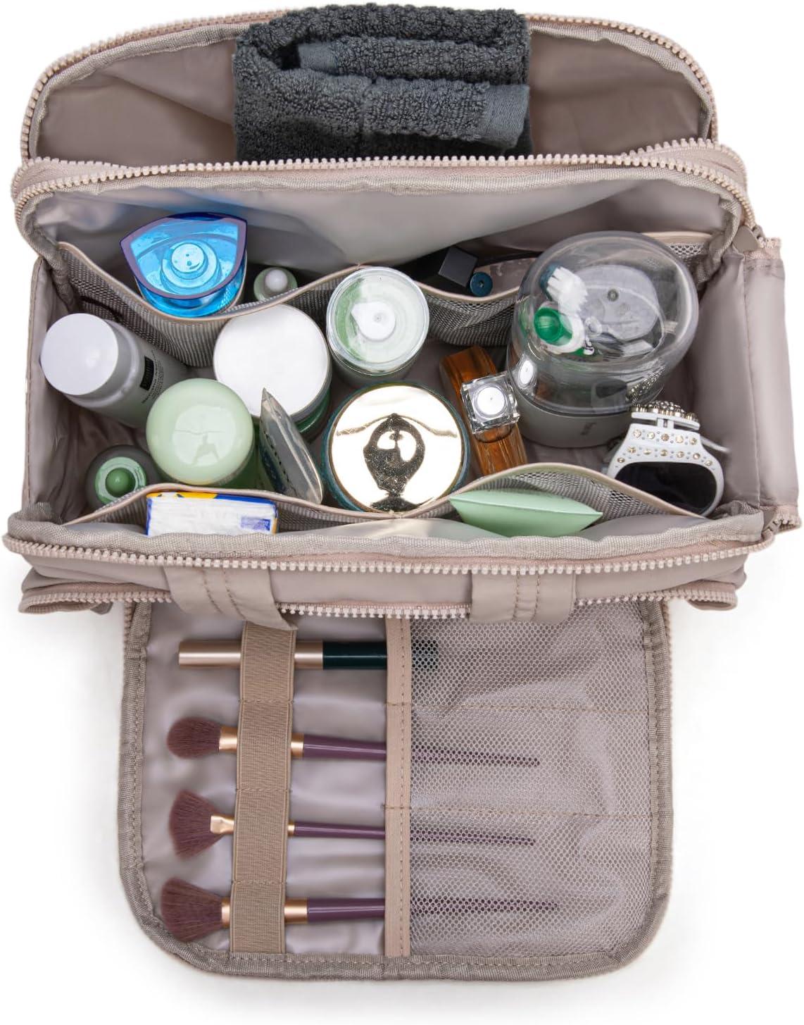 imageMontana West Travel Toiletry Bag Large Capacity Travel Bags Soft Makeup Organizer Lightweight Puffy Cosmetic Bag with Waterproof CompartmentKhaki