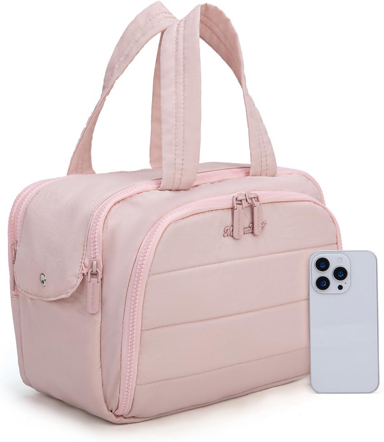 imageMontana West Travel Toiletry Bag Large Capacity Travel Bags Soft Makeup Organizer Lightweight Puffy Cosmetic Bag with Waterproof CompartmentLight Pink