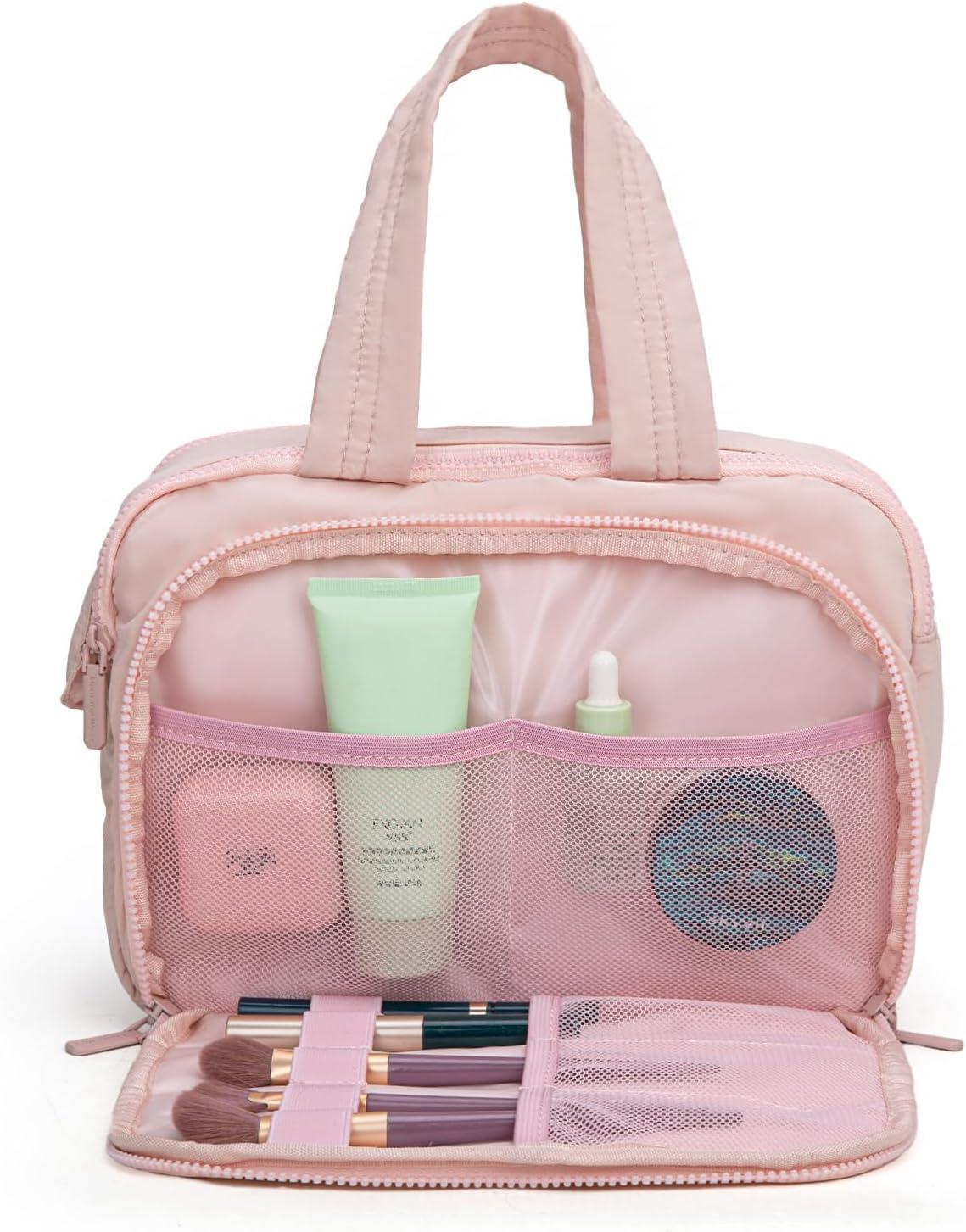 imageMontana West Travel Toiletry Bag Large Capacity Travel Bags Soft Makeup Organizer Lightweight Puffy Cosmetic Bag with Waterproof CompartmentLight Pink