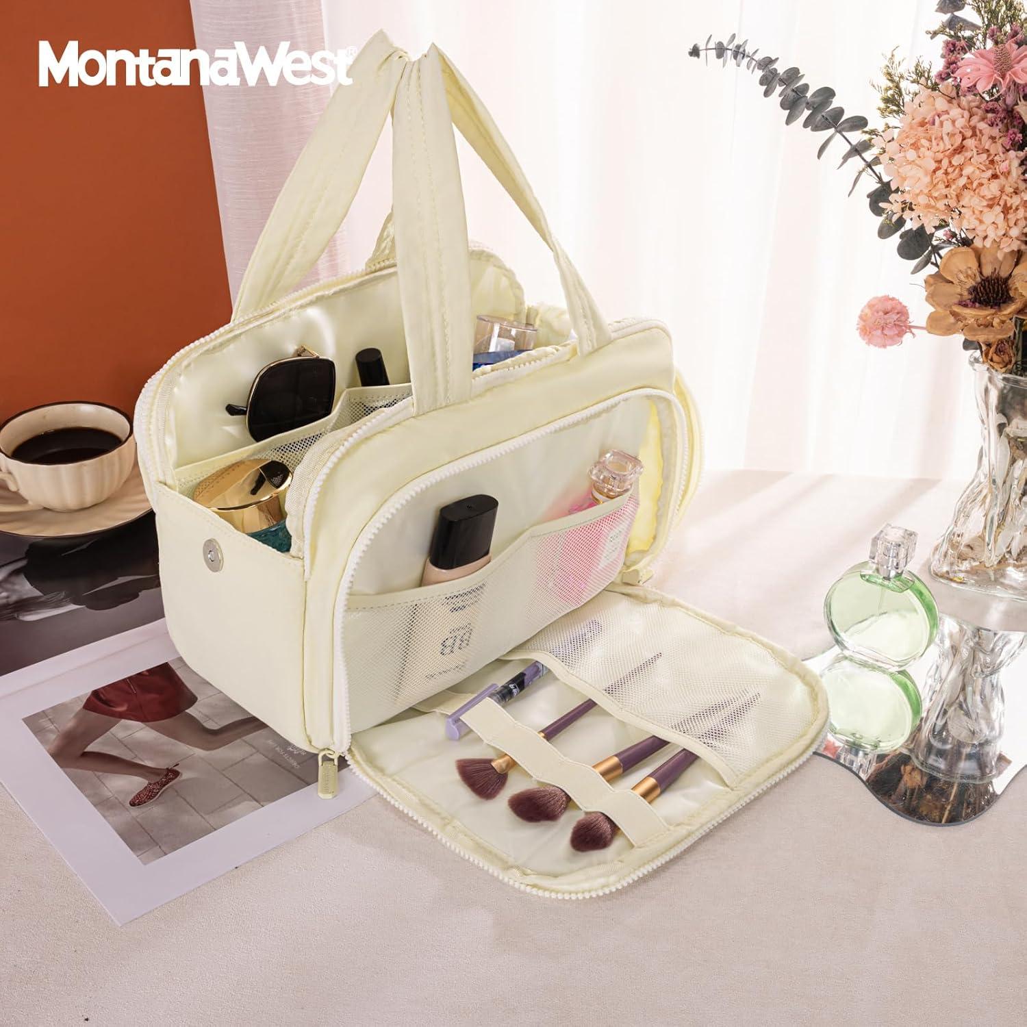 imageMontana West Travel Toiletry Bag Large Capacity Travel Bags Soft Makeup Organizer Lightweight Puffy Cosmetic Bag with Waterproof CompartmentTan