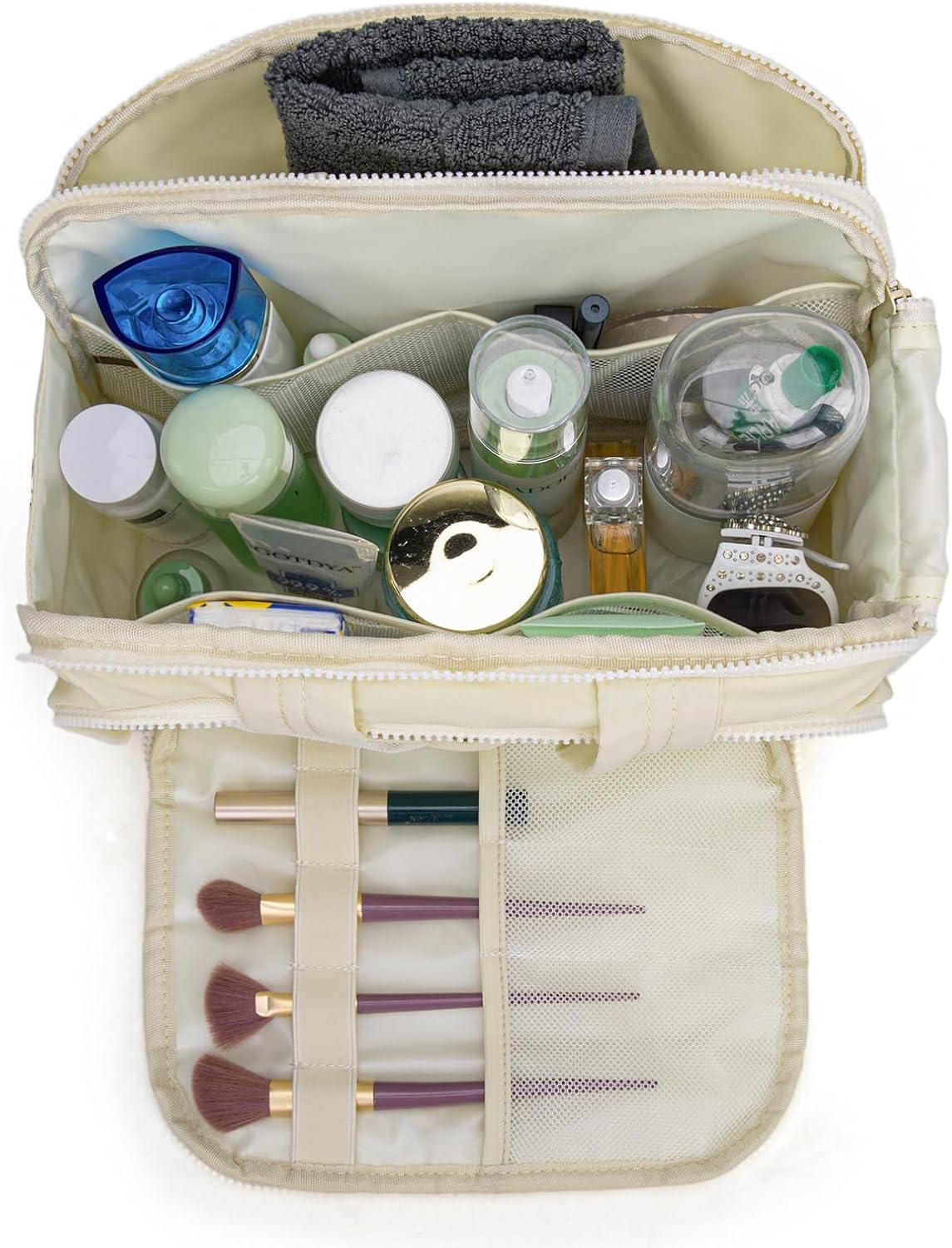 imageMontana West Travel Toiletry Bag Large Capacity Travel Bags Soft Makeup Organizer Lightweight Puffy Cosmetic Bag with Waterproof CompartmentTan