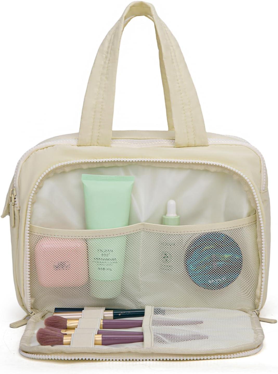 imageMontana West Travel Toiletry Bag Large Capacity Travel Bags Soft Makeup Organizer Lightweight Puffy Cosmetic Bag with Waterproof CompartmentTan